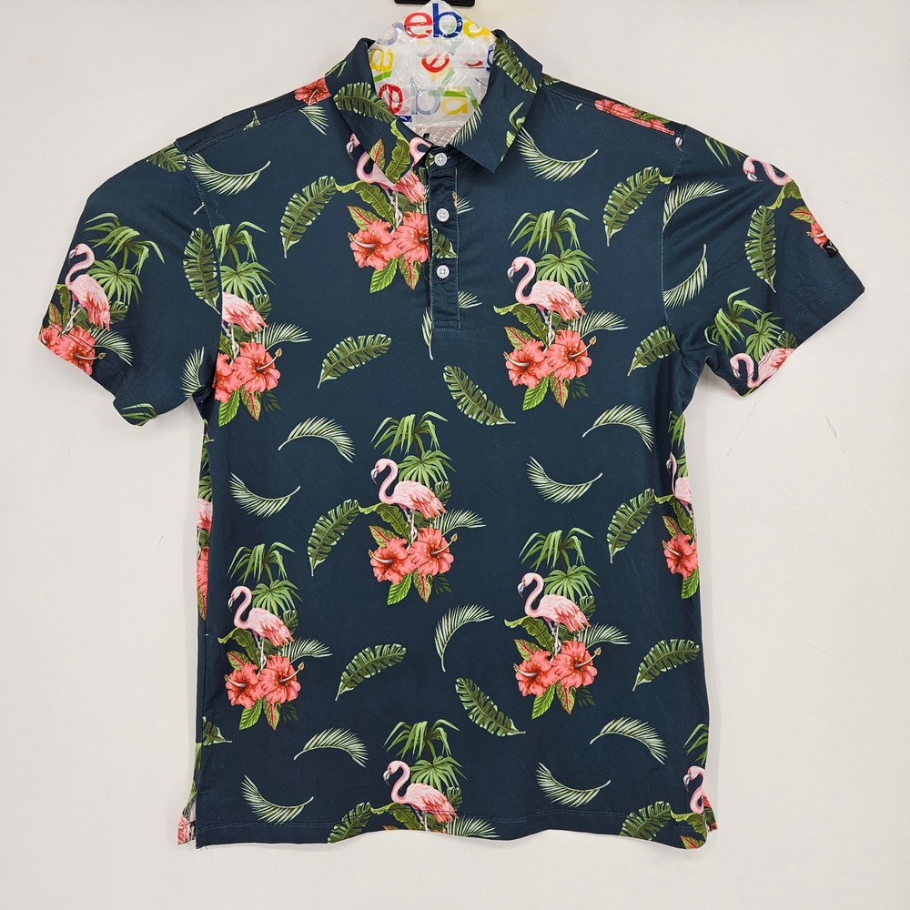 Yatta Golf Polo Shirt Mens Small Flamingos Hibiscus Short Sleeve Casual Preppy